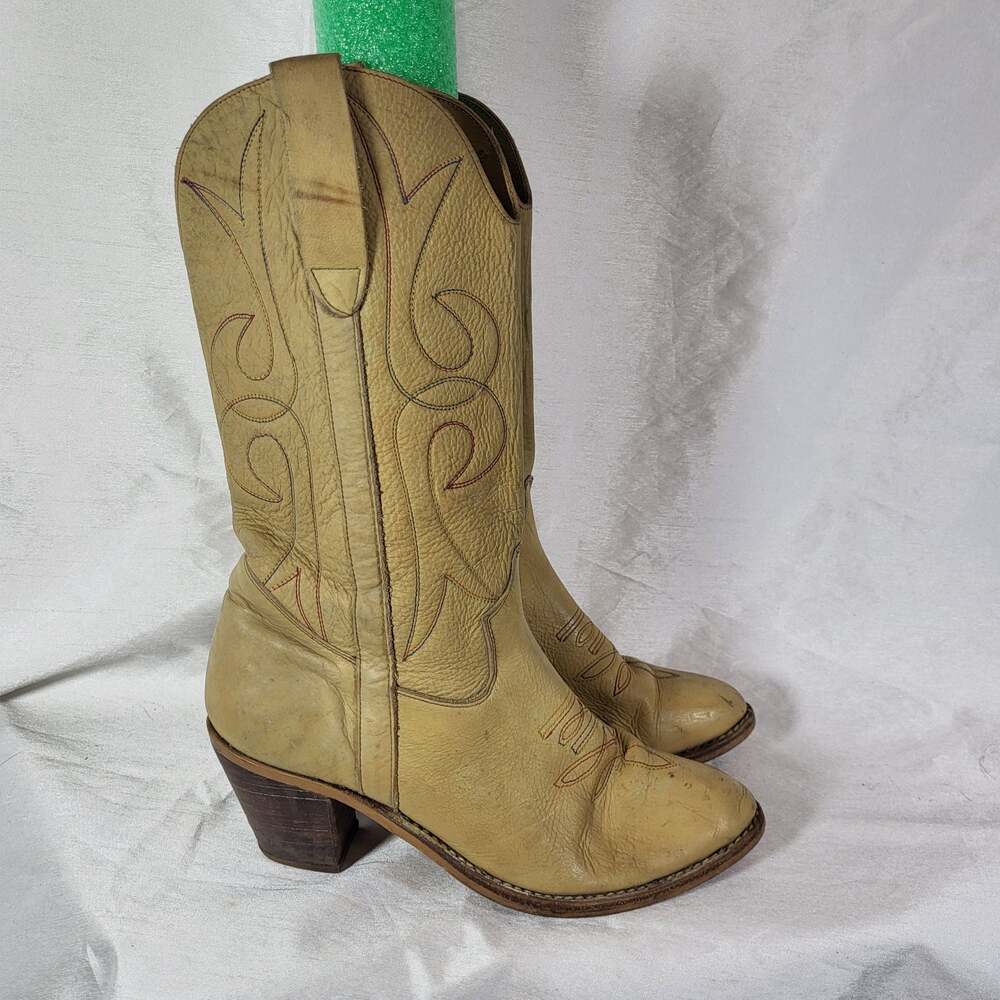 Vintage Lara Tan Leather Western Cowboy Boots with Embroidered Shaft, mens size